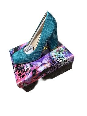 Cape Robbin Teal Crystal Embellished Block Heel Pumps